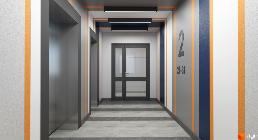 Комплекс Чарівне Місто: сучасний дизайн коридору з ліфтовим холлом, дверима та номерним знаком 