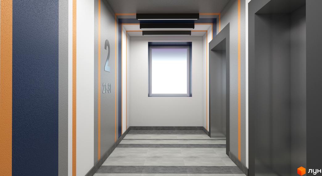 Дизайн холу новобудови ЖК Чарівне Місто з сірими та помаранчевими смугами на стінах та підлозі. Сучасний інтер'єр з лініями освітлення та вікном.