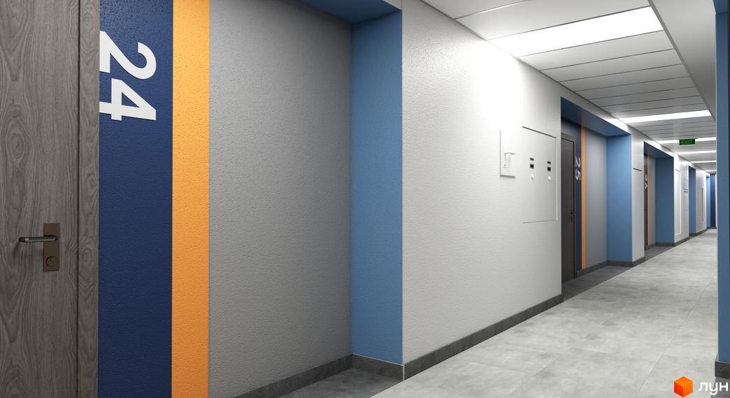 Комплекс Чарівне Місто: коридор з дверима та номерами квартир 24, 25. Оздоблення стін та підлоги в світлих тонах.