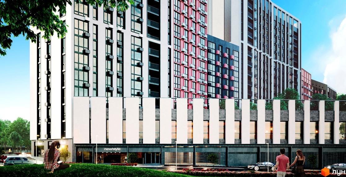 Зображення фасаду та прибудинкової території Новобудови Start. Багатоповерхова будівля з великими вікнами та зеленим газоном.