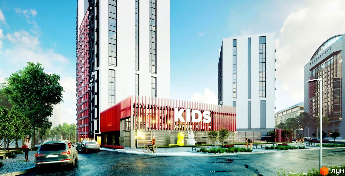 Зображення фасаду та прибудинкової території Житлового комплексу Start. Високі будинки з дитячим майданчиком та зеленими насадженнями.