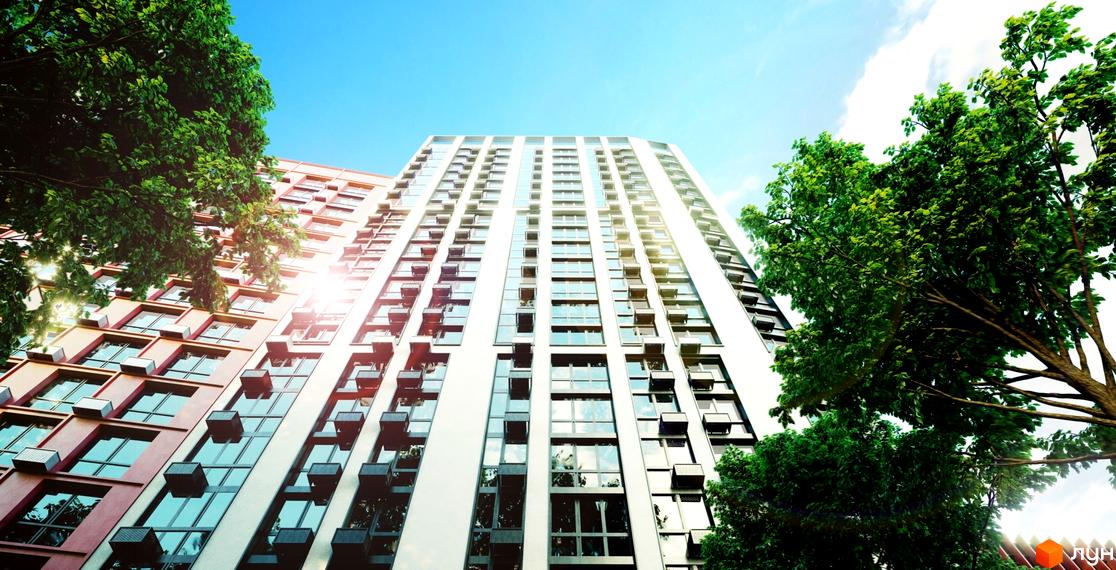 Багатоповерхові будинки Житлового комплексу Старт з великими вікнами та світлими фасадами, оточені зеленими деревами під блакитним небом.