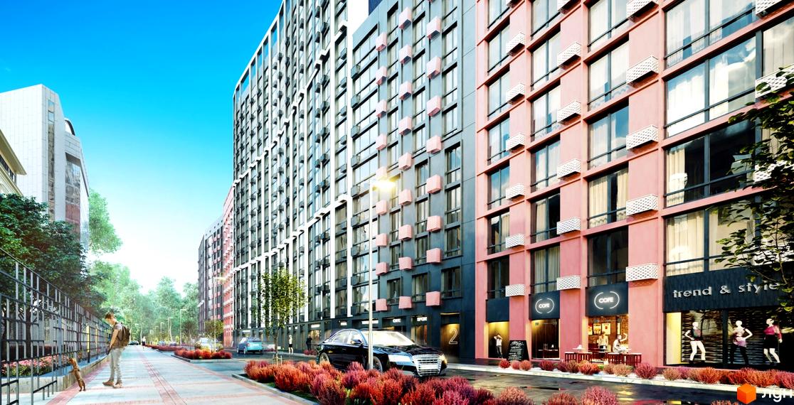 Житловий комплекс Старт: багатоповерхові будинки рожевого та сірого кольорів, комерційні площі на першому поверсі, широкі тротуари та зелені насадження.