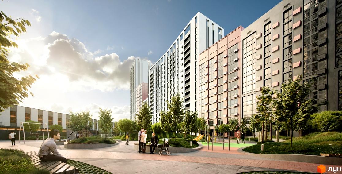 Фасади будівель Житлового комплексу Старт мають різні кольори. Двір облаштований зеленими зонами, лавками та дитячим майданчиком.