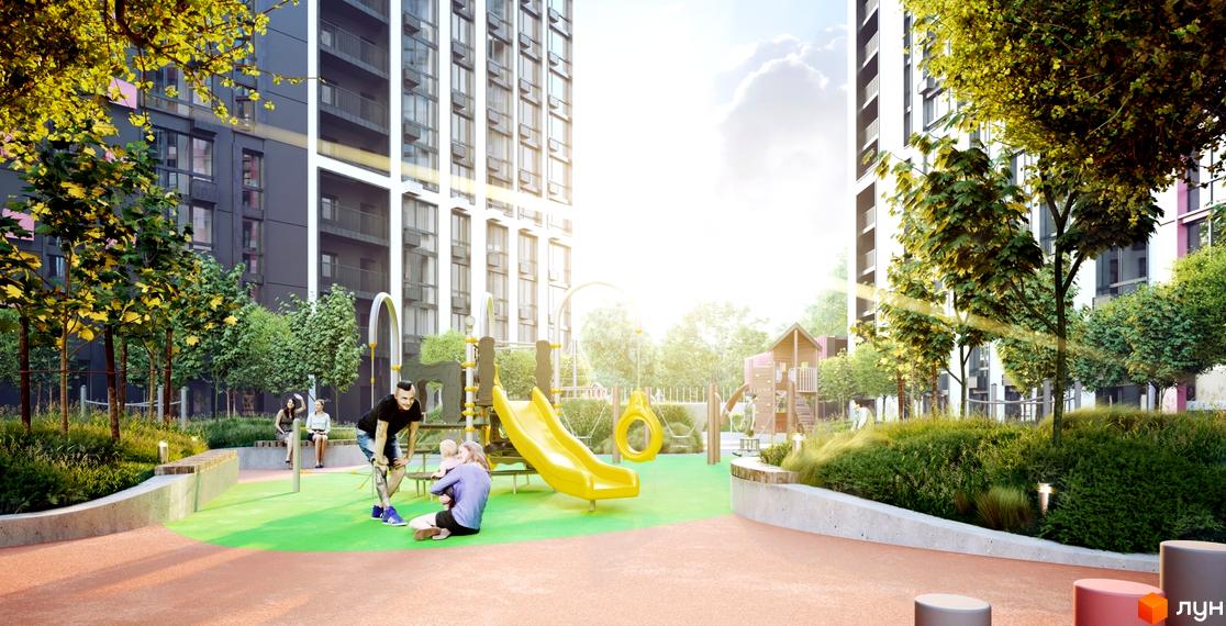 Багатоповерхові будинки Житлового комплексу Старт з балконами та великими вікнами. На прибудинковій території розташований дитячий майданчик з жовтими гірками та зелені насадження.