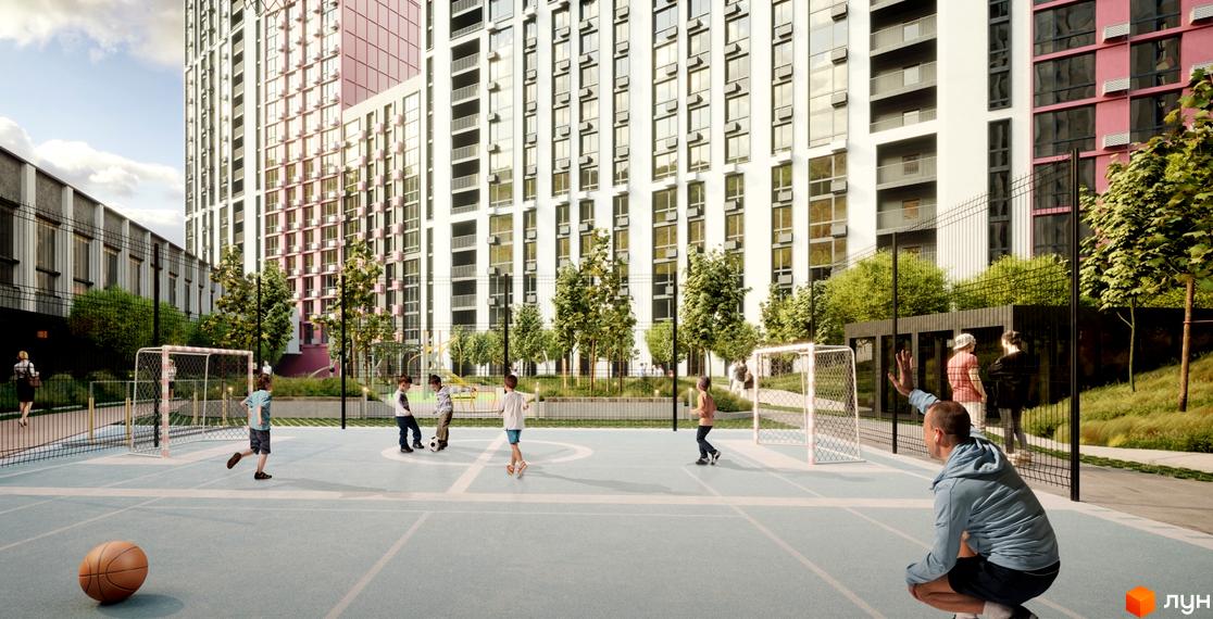 Зображення Житлового комплексу Start з ігровим майданчиком для дітей. Висотна будівля з великою кількістю вікон.