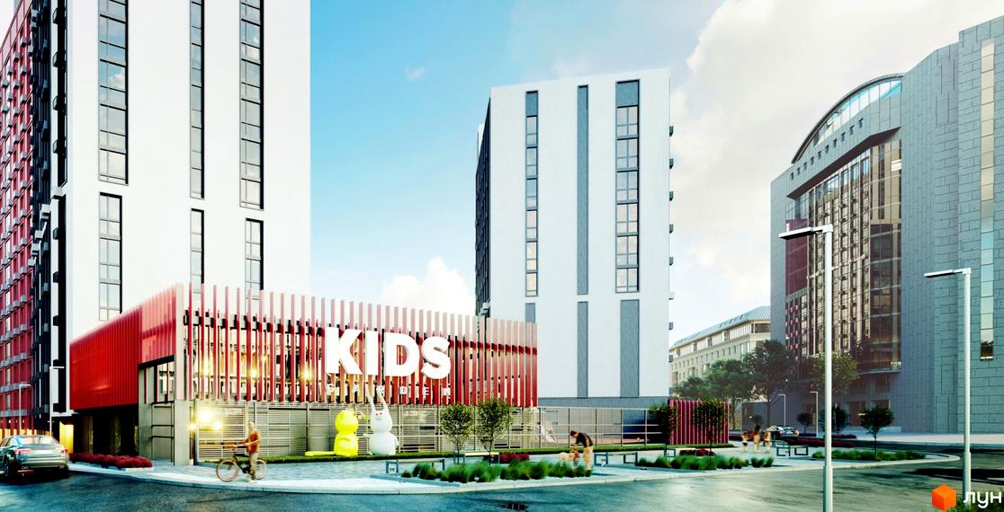 Зображення фасаду та прибудинкової території Житлового комплексу Start. На передньому плані дитячий майданчик, лавки та зелені насадження.