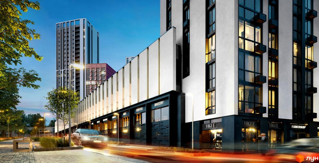 Житловий комплекс Старт: багатоповерхова будівля зі світлим фасадом, темними вікнами та комерційними приміщеннями. Прилегла територія з деревами, освітленням та дорогою.