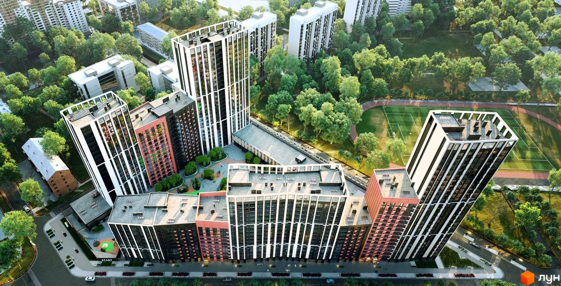 Зображення Житлового комплексу Start з висоти пташиного польоту. На фото видно багатоповерхові будинки та зелену прибудинкову територію.