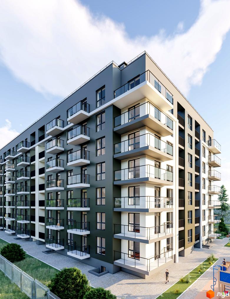 Житловий комплекс Святий Антоній: багатоповерховий будинок з темно-сірим фасадом та балконами зі скляними поручнями, поруч доріжки та зелені насадження.