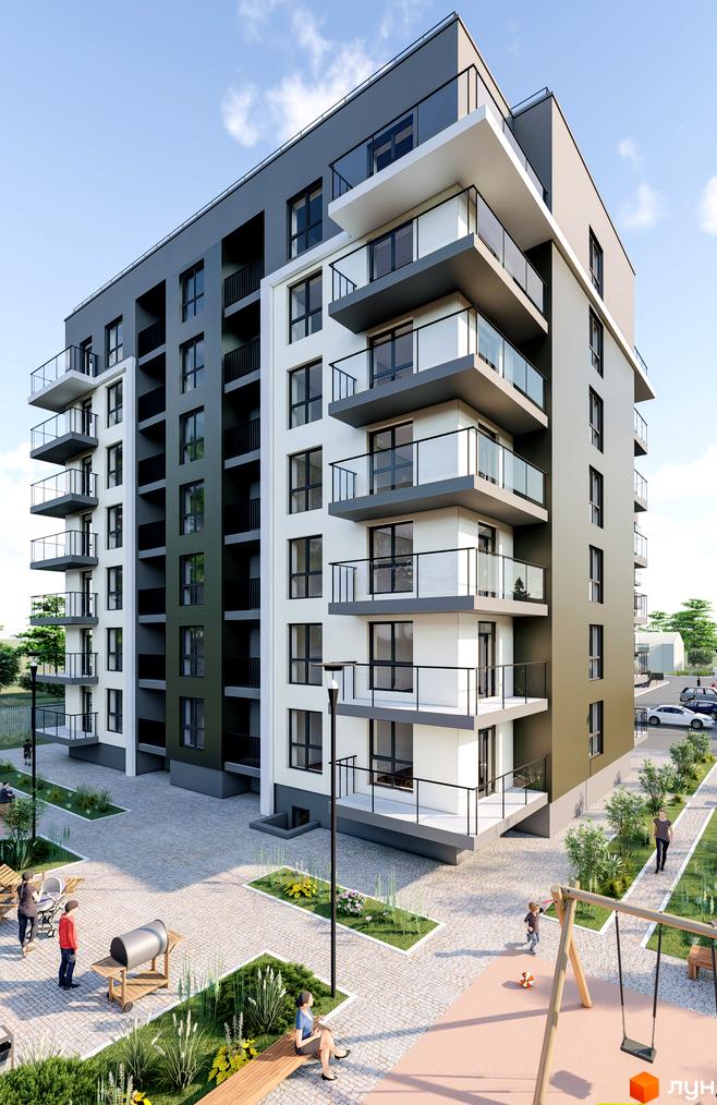 Багатоповерховий будинок Житлового комплексу Святий Антоній з комбінованими фасадами та балконами. Прибудинкова територія з вимощенням, зеленню та дитячим майданчиком.