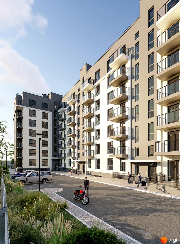 Житловий комплекс Святий Антоній: багатоповерхові будинки зі світлими фасадами, балконами. Прибудинкова територія з дорогою, парковкою, зеленню.