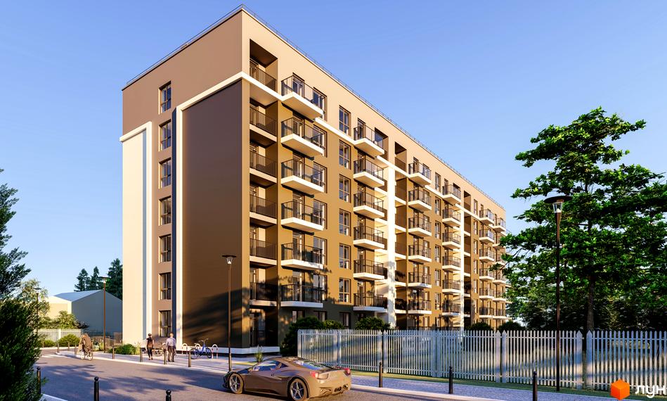 Житловий комплекс Святий Антоній: багатоповерховий будинок коричневого кольору з білими акцентами. Прибудинкова територія включає дорогу, зелень, огорожу та авто.