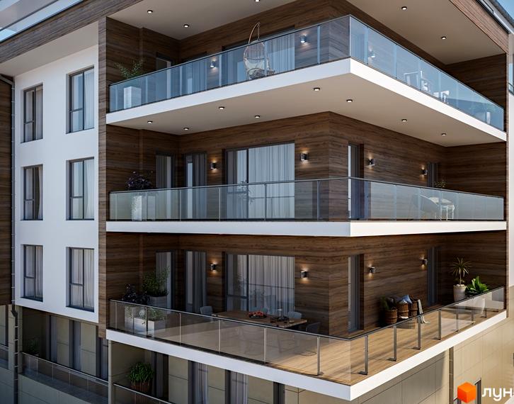 Фасад Житлового комплексу Baltiysʹka Hall з білим та дерев'яним оздобленням, просторими балконами зі скляними огорожами.