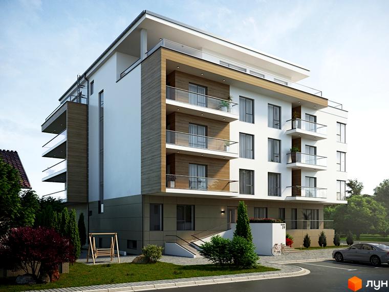 Житловий комплекс Baltiysʹka Hall: багатоповерховий будинок з білими фасадами, дерев'яними вставками, скляними балконами, оточений зеленню та дитячим майданчиком.