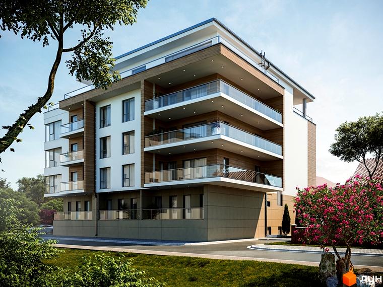 Зовнішній вигляд новобудови ЖК Baltiysʹka Hall з балконами та скляними огорожами. Навколо будинку зелена територія з деревами та квітами.