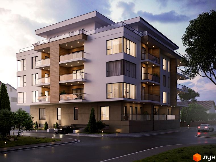 Житловий комплекс Baltiysʹka Hall: багатоповерховий будинок зі світлим фасадом, великими вікнами та балконами. Облаштована територія з доріжками та зеленню.