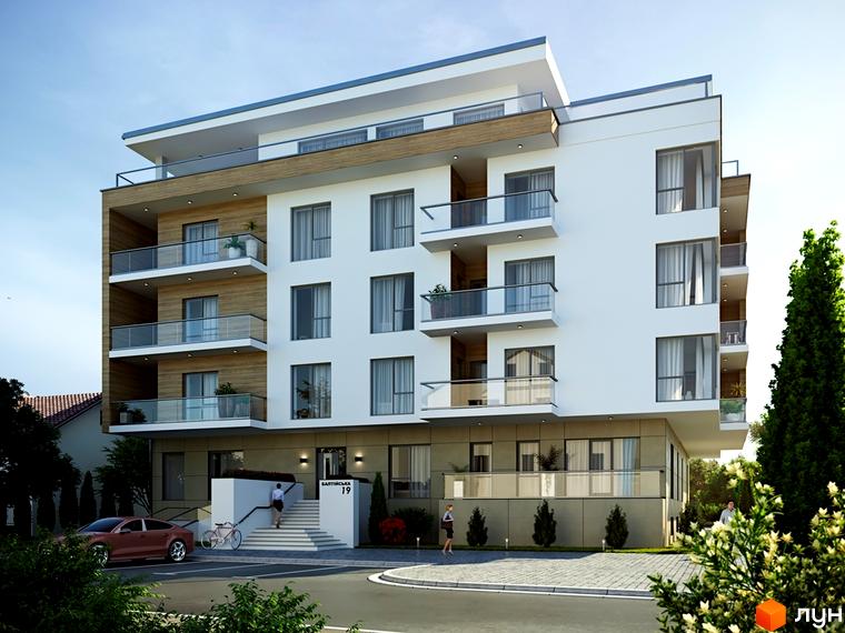 Житловий комплекс Baltiysʹka Hall: білий будинок з дерев'яними вставками та скляними балконами. Навколо будівлі парковка та зелені насадження.