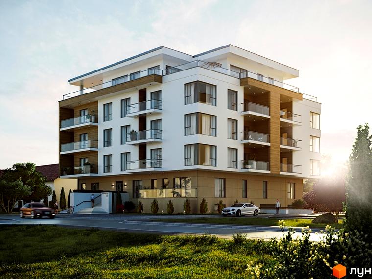 Багатоповерховий будинок Житловий комплекс Baltiysʹka Hall з білими фасадами та скляними балконами, оточений зеленими насадженнями та дорогою з автомобілями.