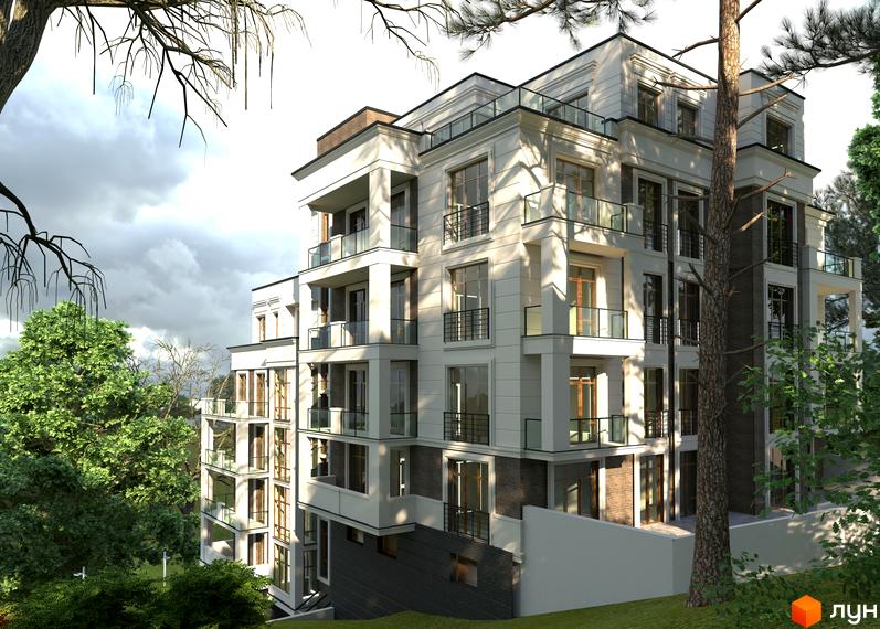 Зображення фасаду Житлового комплексу Park Inn. Багатоповерховий будинок з балконами та великими вікнами, навколо дерева та зелені насадження.