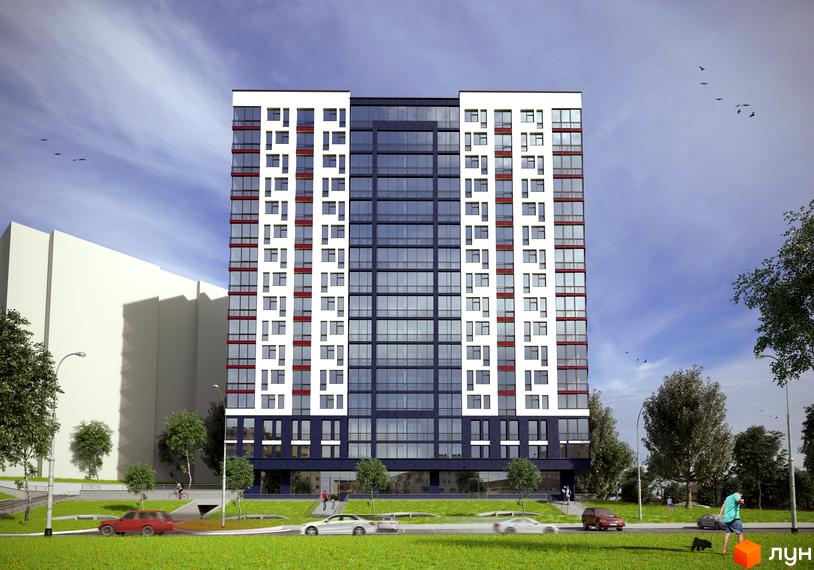 Житловий комплекс Comfort Hill – висотна будівля з білим фасадом, темними скляними секціями та червоними акцентами. Навколо будинку зелені газони, дерева та дорога з автомобілями.