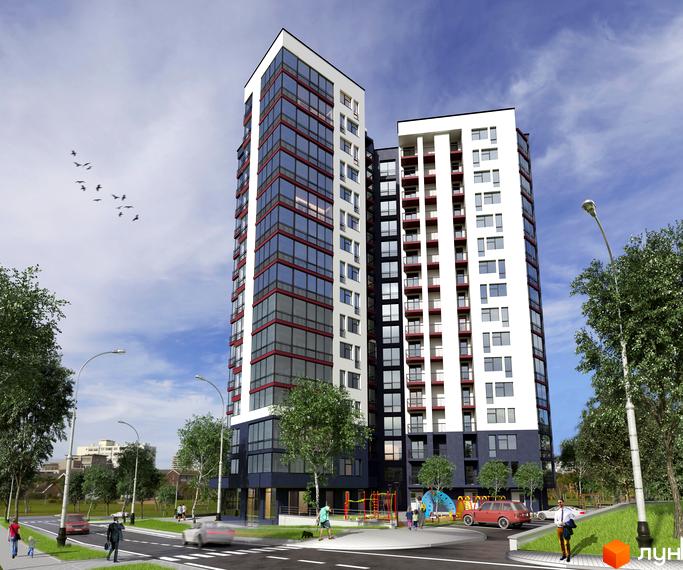 Зображення фасаду та прибудинкової території Новобудови Comfort Hill. Високий будинок з великими вікнами, дитячий майданчик, зелені насадження.