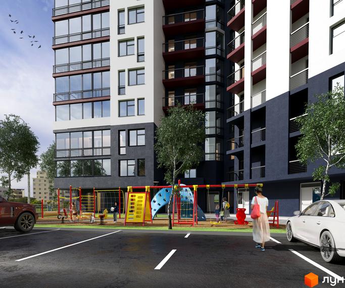 Багатоповерховий будинок Житлового комплексу Comfort Hill з білим та темно-сірим оздобленням, панорамними вікнами та балконами. Поруч облаштований дитячий майданчик.