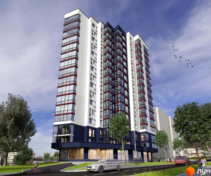 Зображення багатоповерхового будинку в Житловому комплексі Comfort Hill. Вигляд фасаду та прилеглої території з деревами та дорогою.