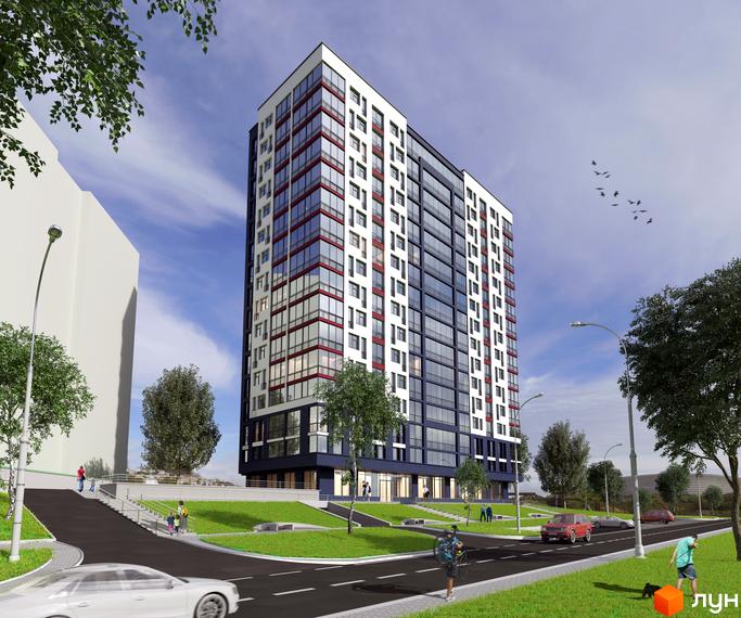 Житловий комплекс Comfort Hill: багатоповерховий будинок з білим, темно-синім фасадом та червоними акцентами, оточений зеленою територією, дорогою та деревами.