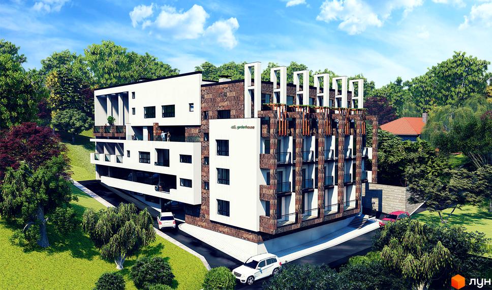 Клубний будинок Greenhouse з білими та кам'яними фасадами, балконами та зеленими деревами навколо. Сучасний житловий комплекс з доглянутою прибудинковою територією.