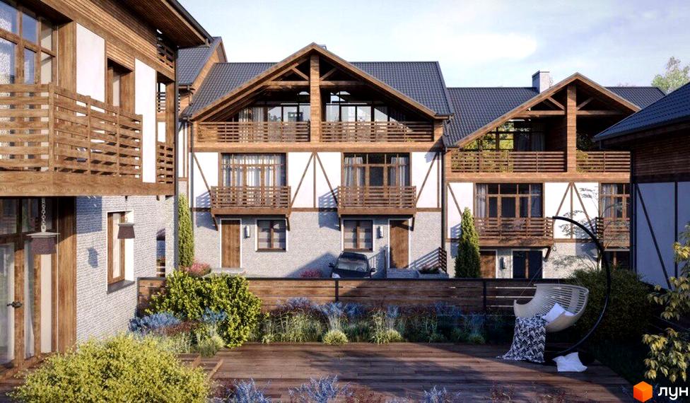 Таунхауси Garden house з дерев'яними балконами та фасадами. Прибудинкова територія з ландшафтним дизайном та зоною відпочинку.