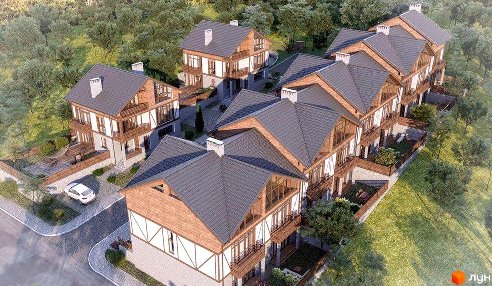 Таунхауси Garden house з дерев'яними елементами фасаду та сірими дахами розташовані серед зеленої зони з доглянутою прибудинковою територією та дорогою.