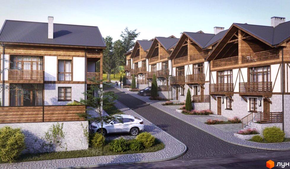 Таунхауси Garden house з дерев'яними фасадами та кам'яною обробкою на тлі зеленої території. Новобудова має індивідуальні балкони та розташована на вулиці з бруківкою та деревами.