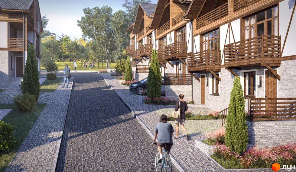 Таунхауси Garden house з дерев'яними балконами та фасадами, розташовані вздовж брукованої вулиці з зеленими насадженнями та людьми, що прогулюються.