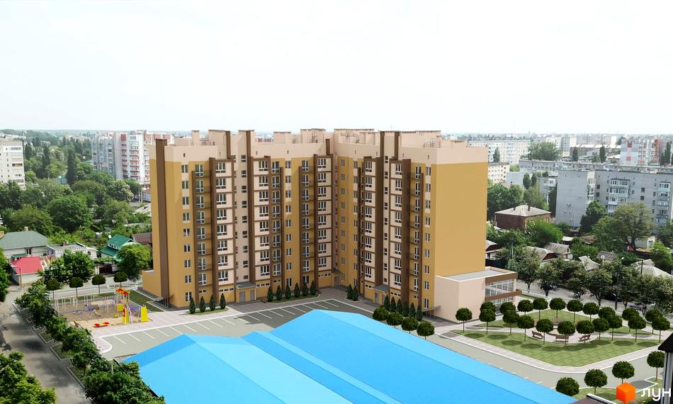 Зовнішній вигляд новобудови на вул. Лейтенанта Покладова, 29, з дитячим майданчиком та зоною відпочинку.