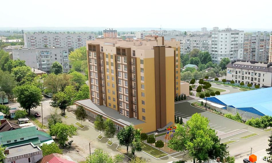 Новобудова на вулиці Лейтенанта Покладова, 29, з багатоповерховими будинками та прибудинковою територією з дитячим майданчиком та парковкою.