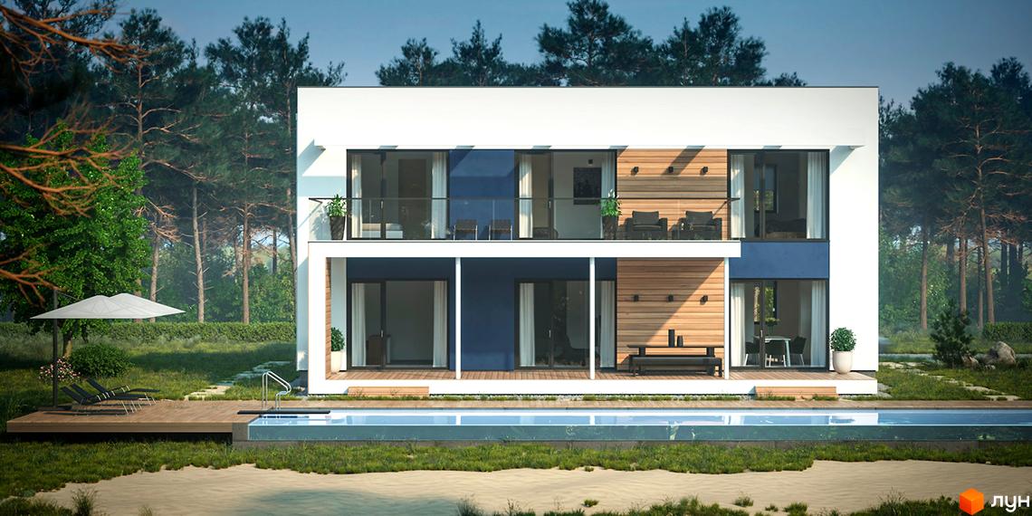 Котеджне містечко Pleyada Club з басейном та терасою на тлі лісу. Двоповерховий будинок з великими вікнами та дерев'яними елементами фасаду.