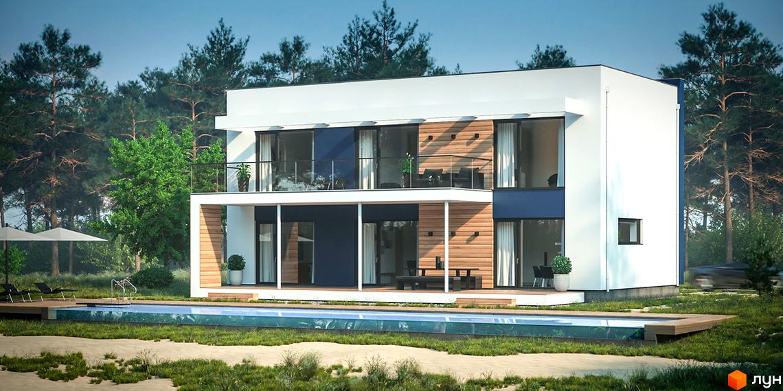 Сучасний двоповерховий будинок з панорамними вікнами та балконом, розташований біля басейну та зеленої зони. Комплекс КМ Pleyada Club.