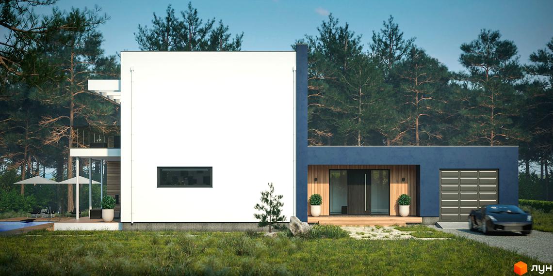 Котеджне містечко Pleyada Club: двоповерховий будинок з білою та синьою фасадною обробкою, гаражем та прибудинковою територією з басейном та деревами.