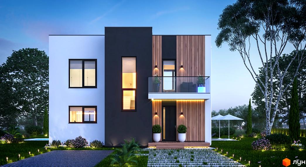 Сучасний двоповерховий будинок з дерев'яними та темними елементами фасаду, з балконом та освітленим подвір'ям. Навколо будинку доглянутий сад з деревами, кущами та освітленням.