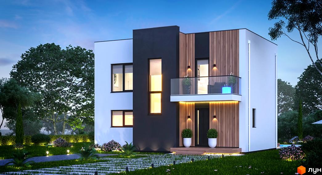 Котеджне містечко Pleyada Club з фасадом з білої та темно-сірої штукатурки, дерев'яними елементами та скляним балконом. Навколо будинку доглянутий сад з освітленням та басейном.