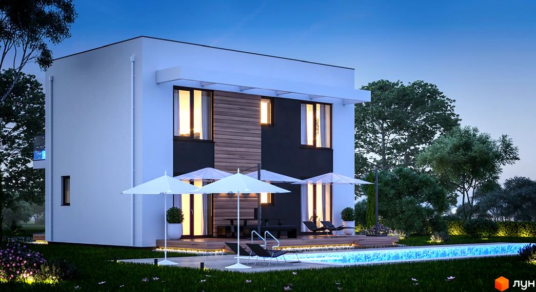 Котеджне містечко Pleyada Club з басейном та терасою. Сучасний двоповерховий будинок з великими вікнами та дерев'яними елементами на фасаді.