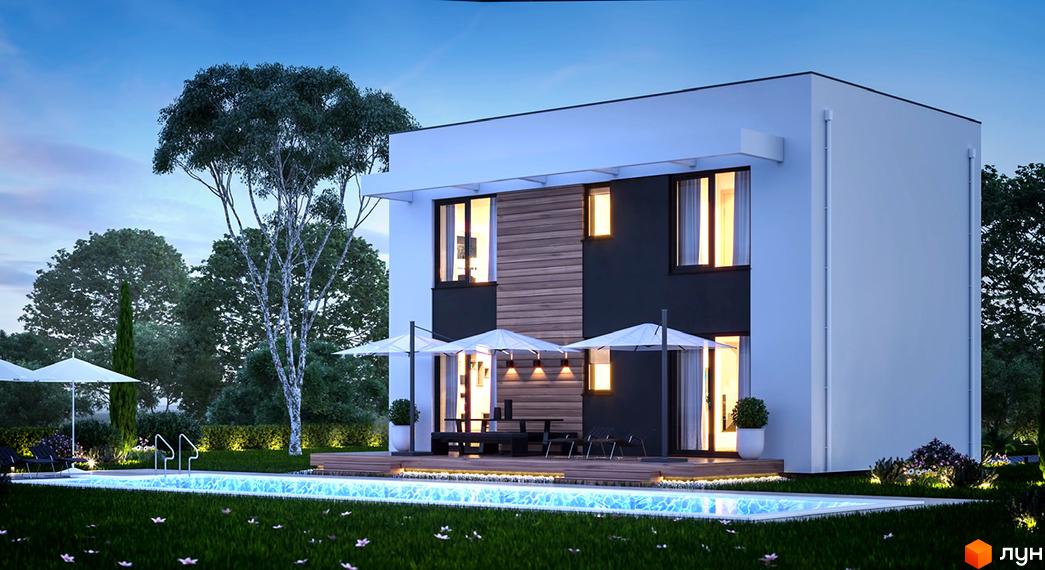 Котеджне містечко Pleyada Club з басейном та зоною відпочинку. Двоповерховий будинок з білою та темною фасадною обробкою, великими вікнами та дерев'яними елементами.