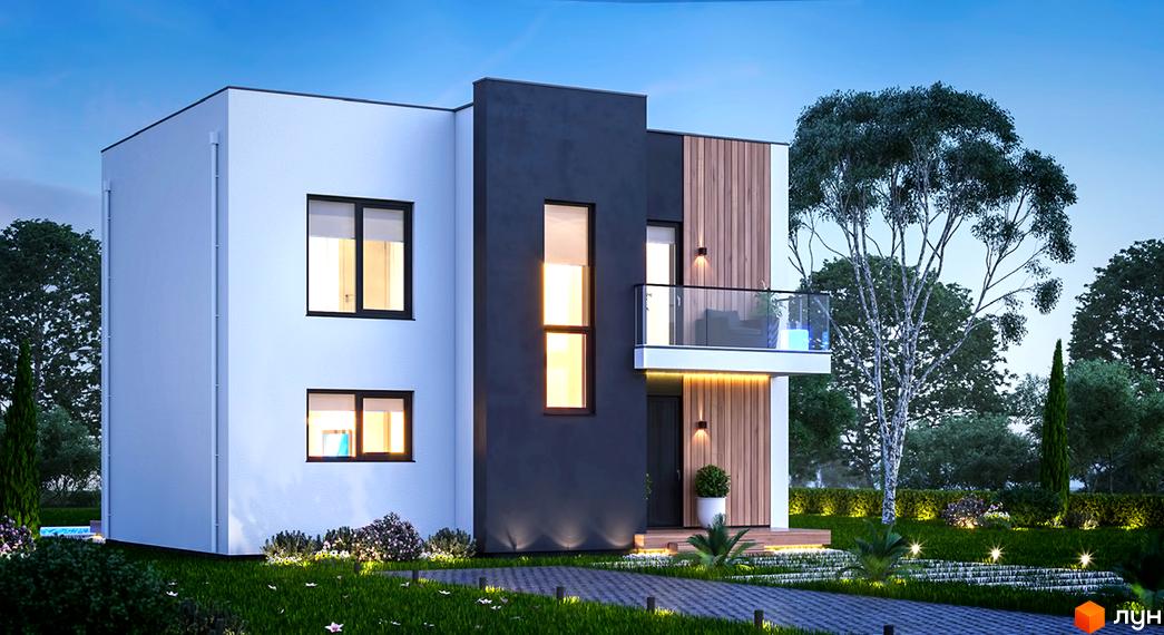 Котеджне містечко КМ Pleyada Club: двоповерховий будинок з білими та темними фасадами, дерев'яними вставками та скляним балконом. Навколо будинку доглянута прибудинкова територія з газоном та деревами.