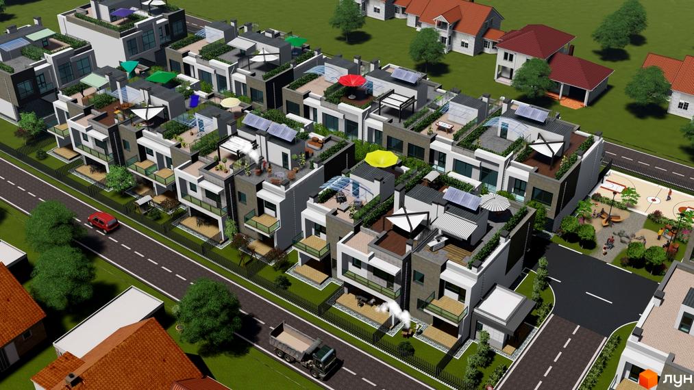 КМ Ecovillage: сучасний житловий комплекс з терасами та сонячними панелями, зеленою прибудинковою територією та спортивним майданчиком.