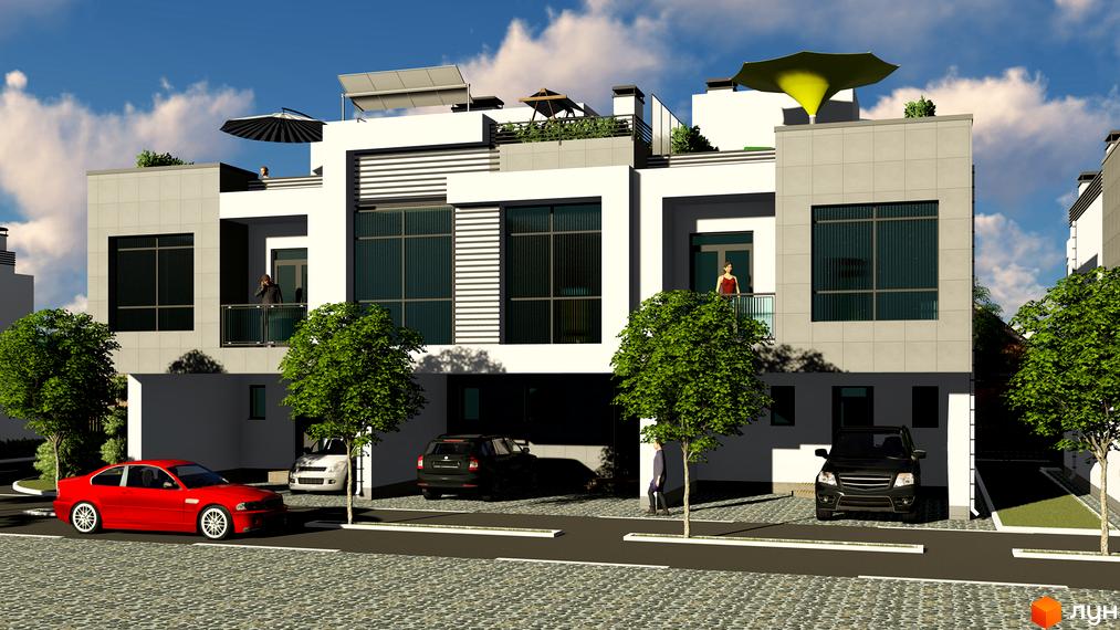 Котеджне містечко КМ Ecovillage - сучасні триповерхові будинки з великими вікнами та балконами, прибудинкова територія з деревами та автомобілями.