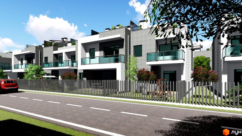 Котеджне містечко КМ Ecovillage. Сучасні будинки з сірими та білими фасадами, скляними балконами та огородженою територією з деревами та дитячим майданчиком.