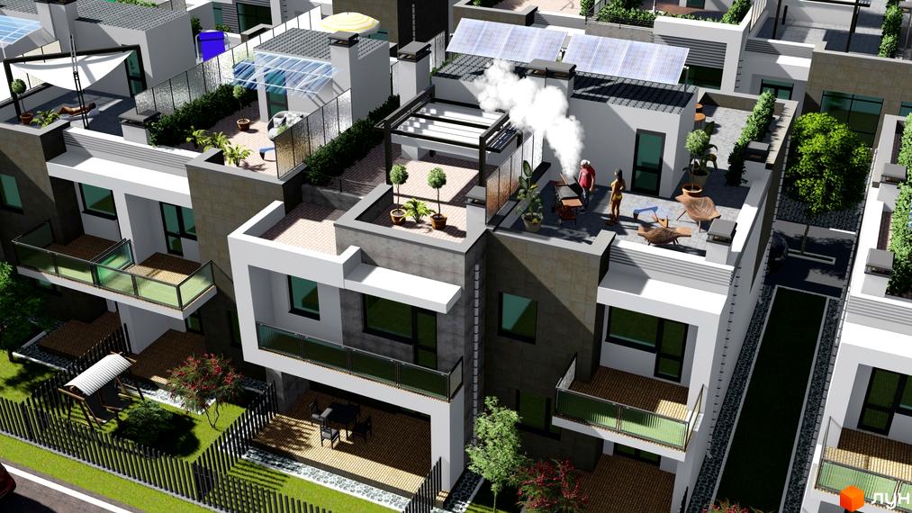 Котеджне містечко КМ Ecovillage: триповерхові будинки з терасами, балконами та зеленими зонами. На терасах розташовані зони відпочинку та барбекю.