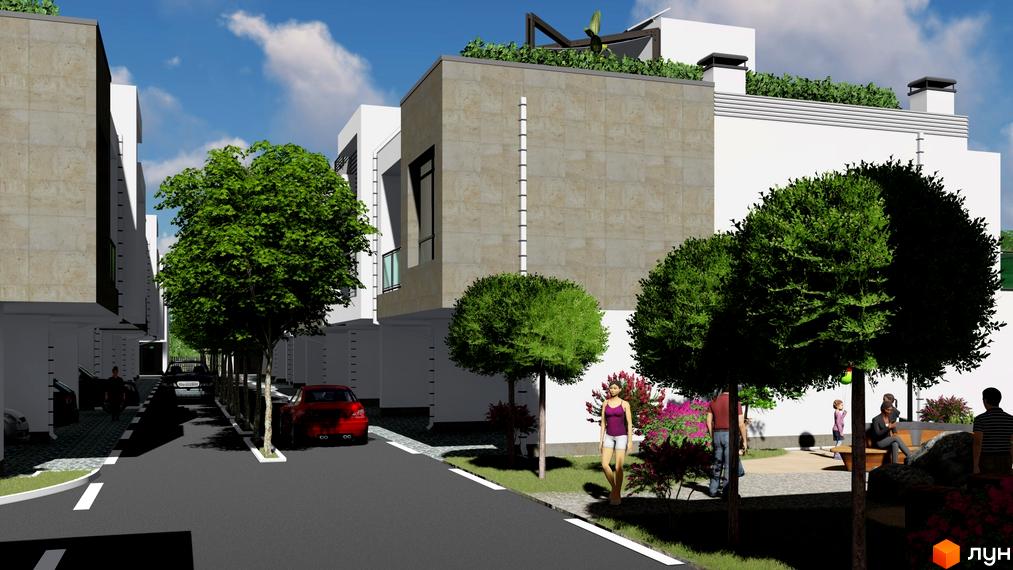 Котеджне містечко КМ Ecovillage: фасади будинків з бежевим оздобленням та зелені насадження на прибудинковій території. Фото новобудови.