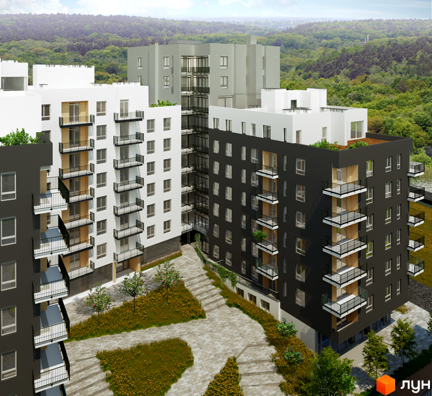 Житловий комплекс Малоголосківські пагорби. Сучасні будівлі з балконами та прибудинкова територія з зеленими насадженнями та бруківкою.